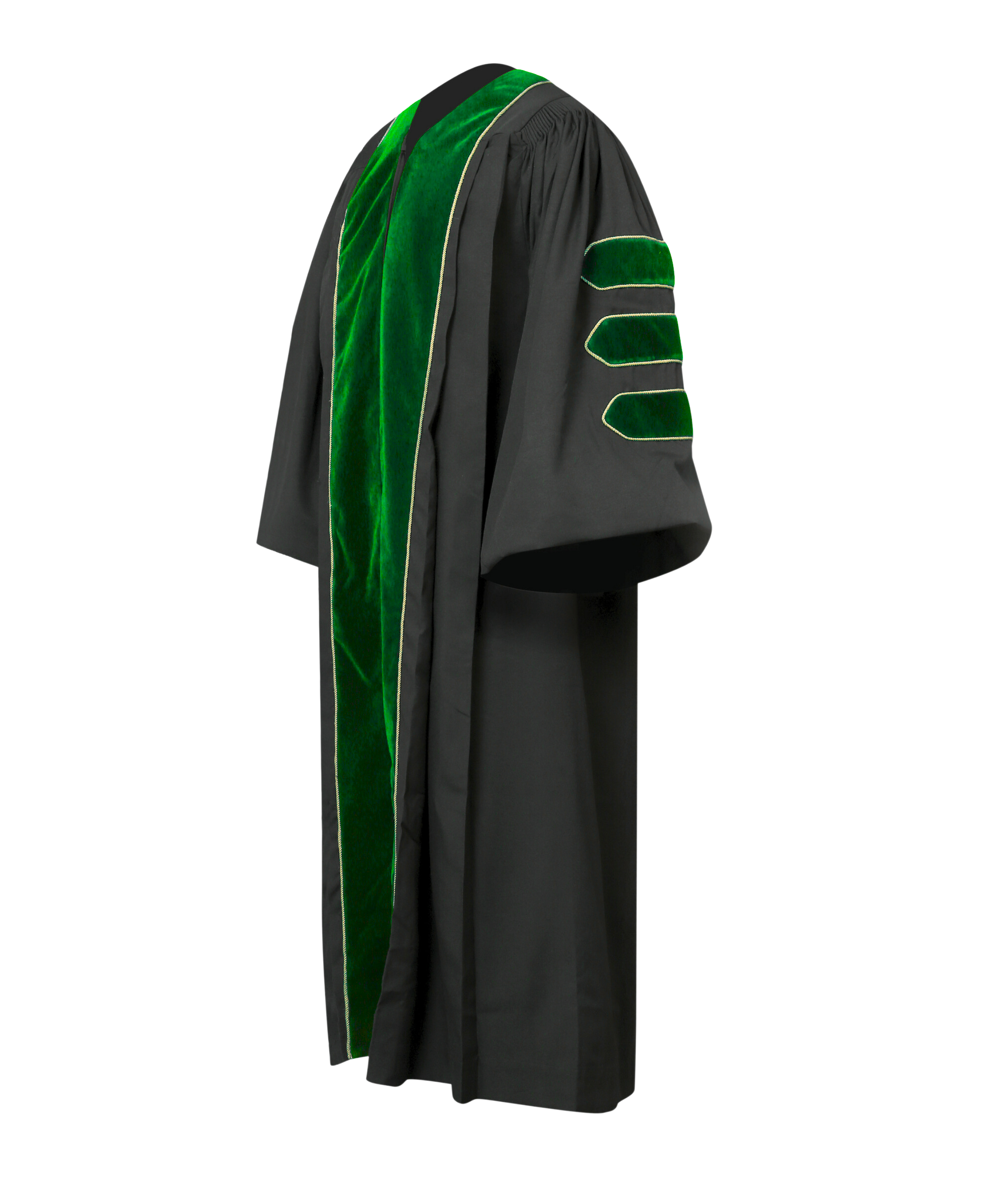 Super Deluxe Emerald Green Doctoral Gown Tam & Hood - with Gold Piping