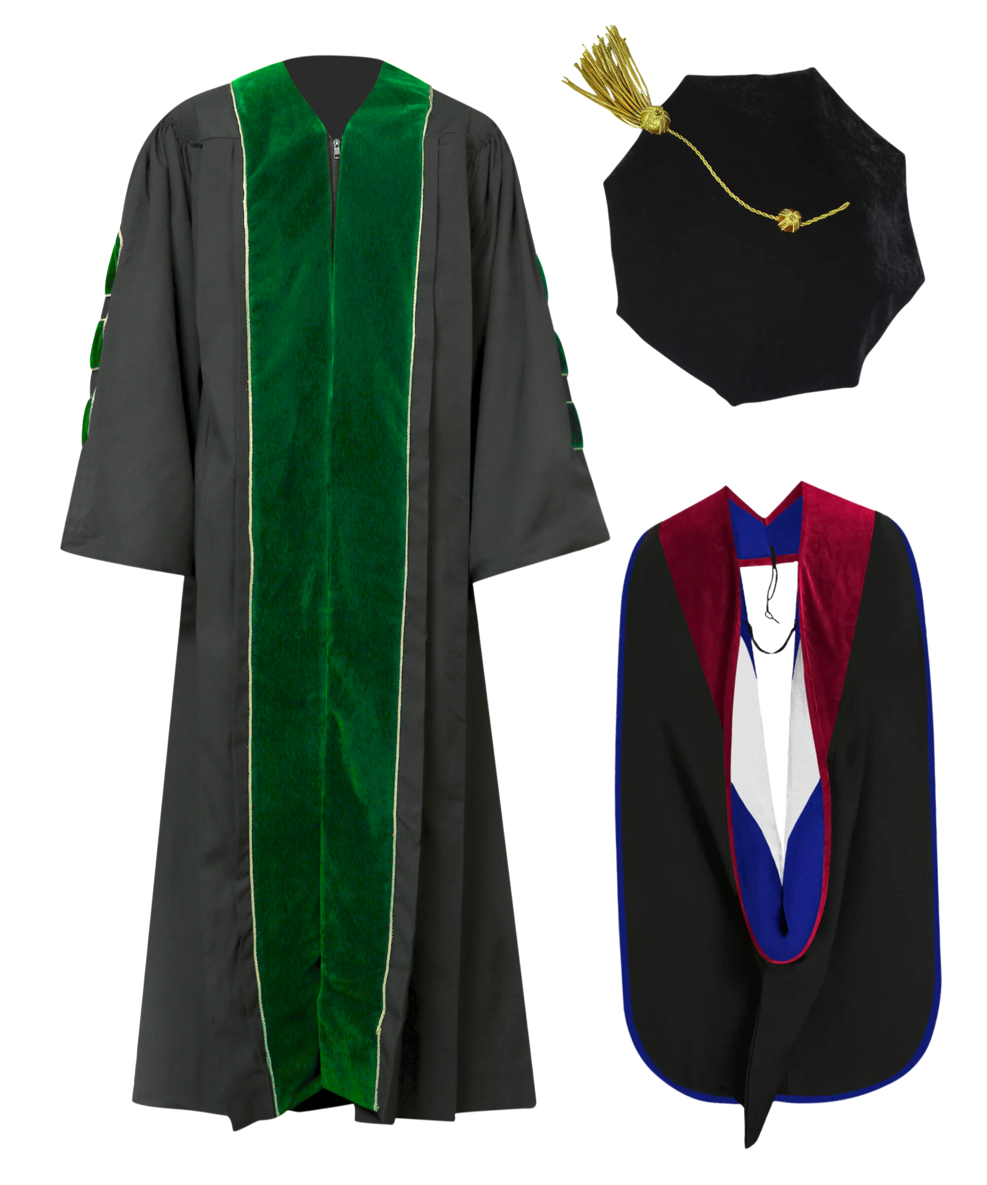 Super Deluxe Emerald Green Doctoral Gown Tam & Hood - with Gold Piping