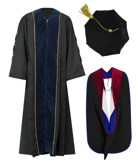 Super Deluxe  Navy Blue Doctoral Gown Tam & Hood - with Gold Piping
