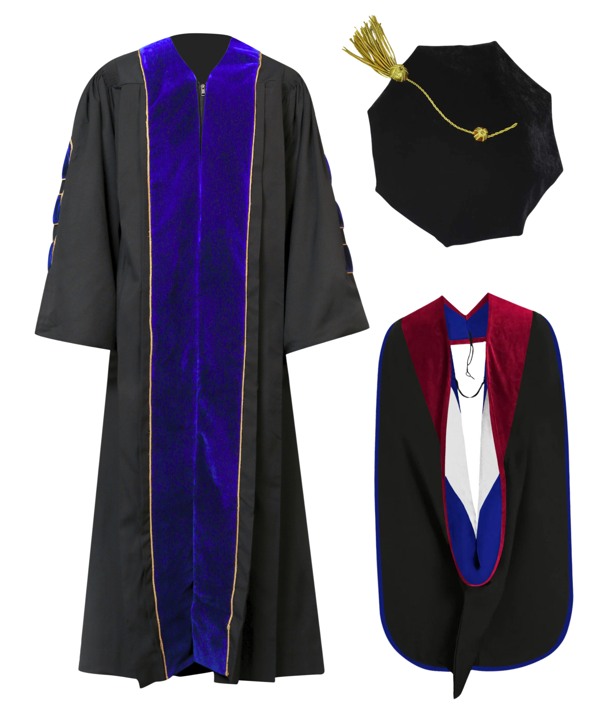 Super Deluxe  Royal Blue Doctoral Gown Tam & Hood - with Gold Piping