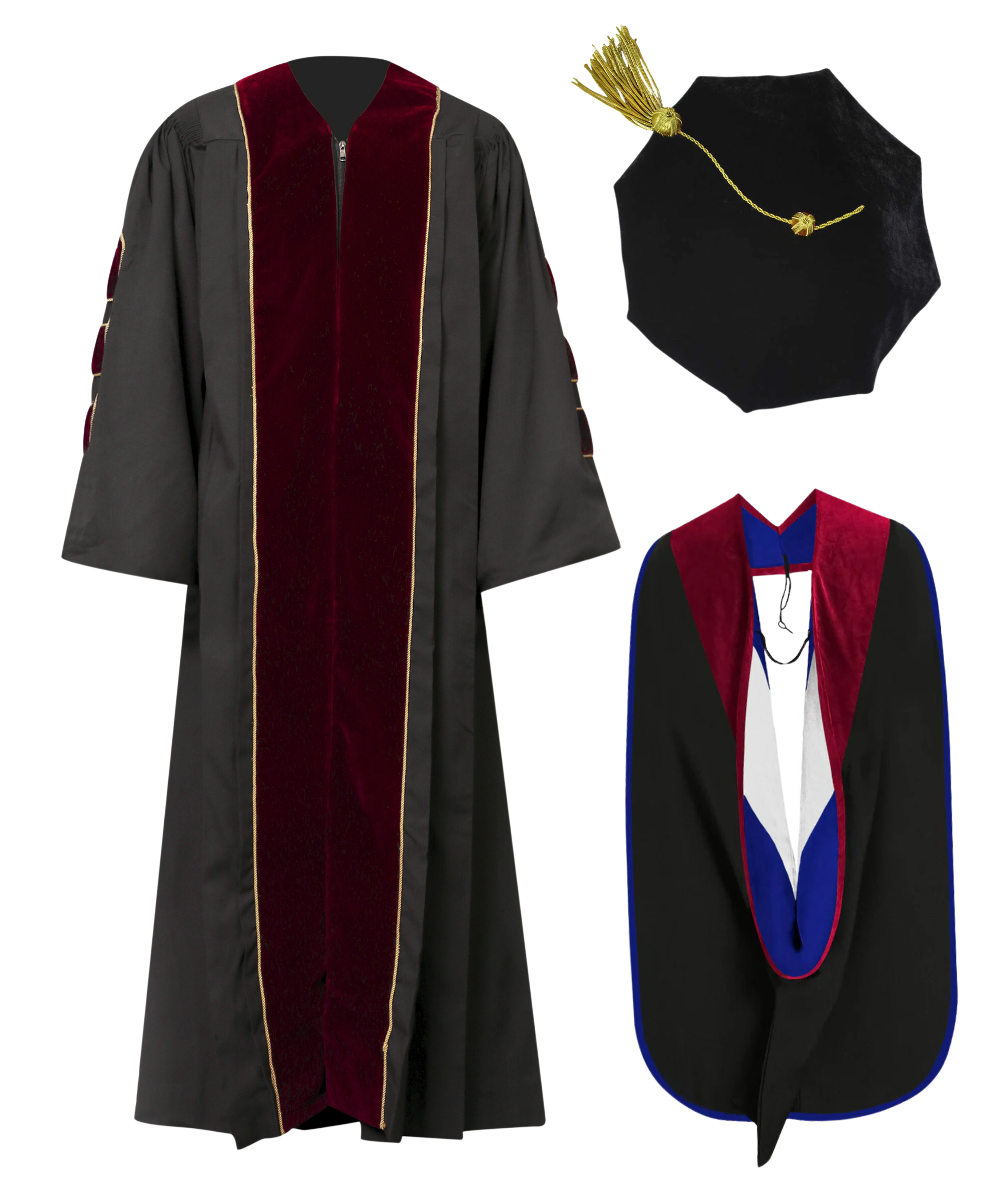 Super Deluxe Maroon Doctoral Gown Tam & Hood - with Gold Piping