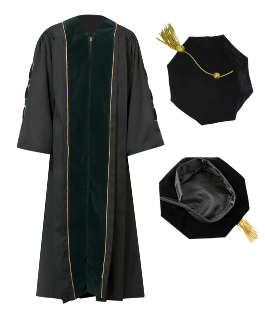 Super Deluxe Doctoral Gown Tam - Forest green Trim with Gold Piping