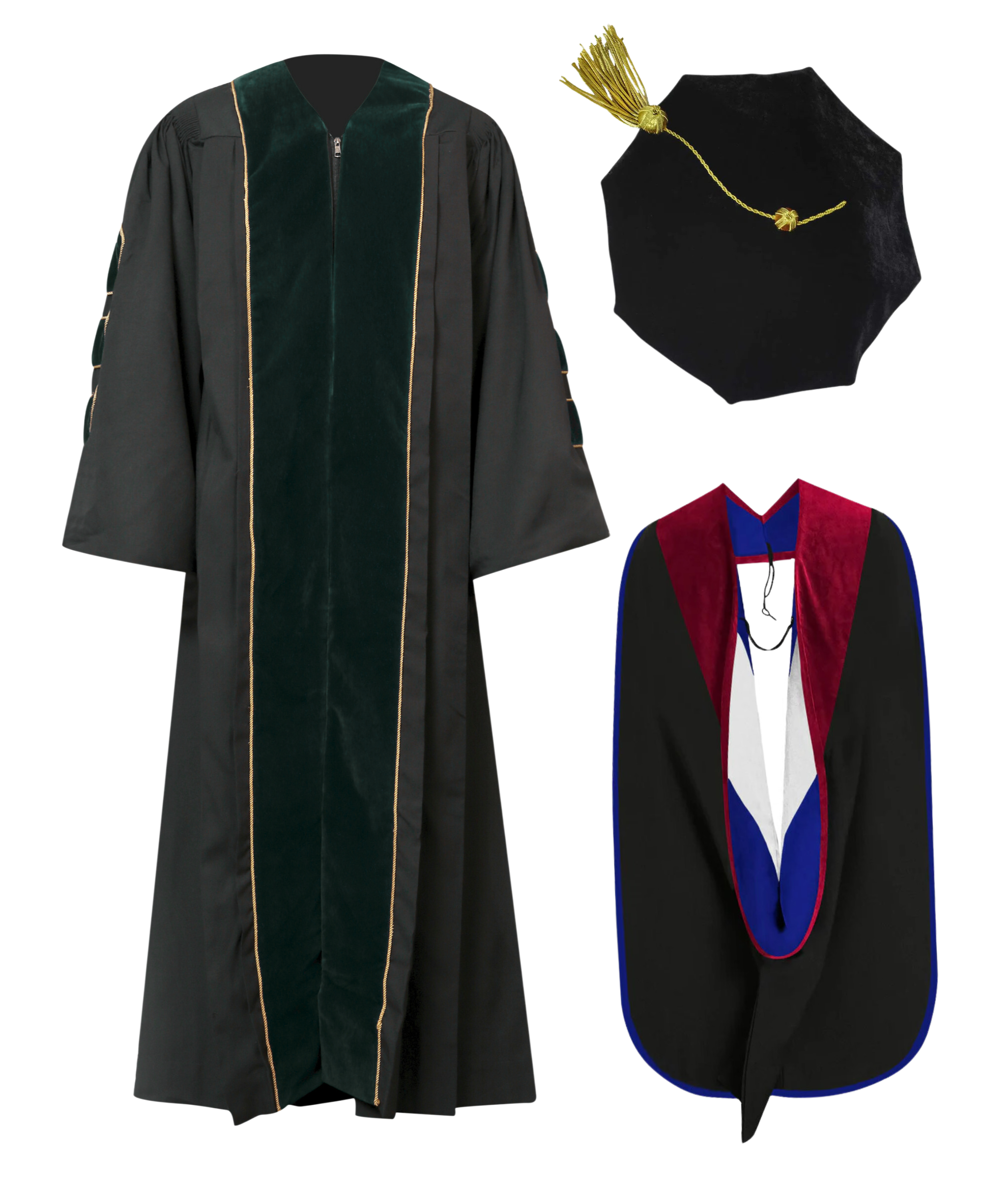 Super Deluxe Forest Green Doctoral Gown Tam & Hood - with Gold Piping