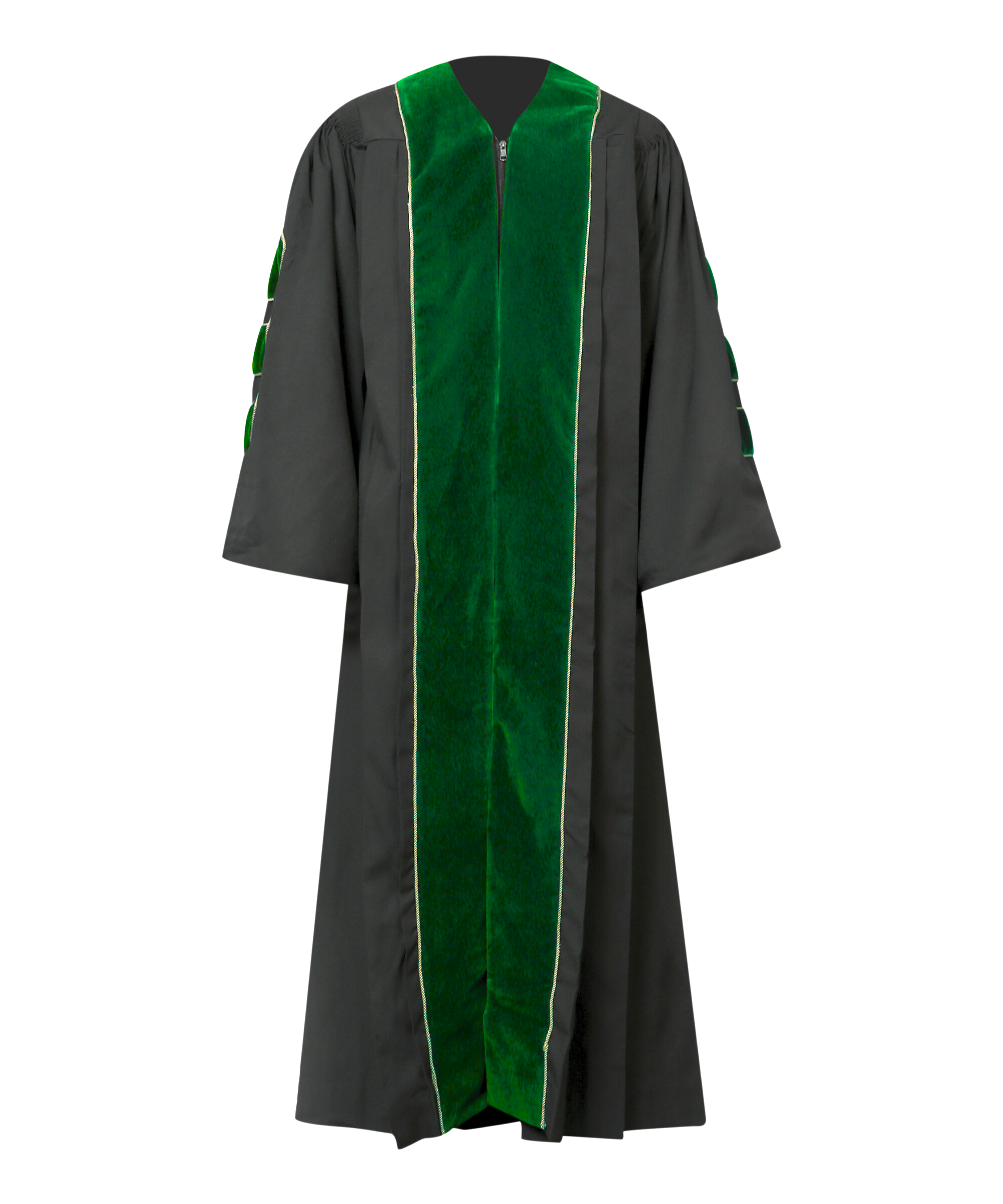 Super Deluxe Emerald Green Doctoral Gown Tam & Hood - with Gold Piping