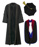 Super Deluxe Black Doctoral Gown Tam & Hood - with Gold Piping